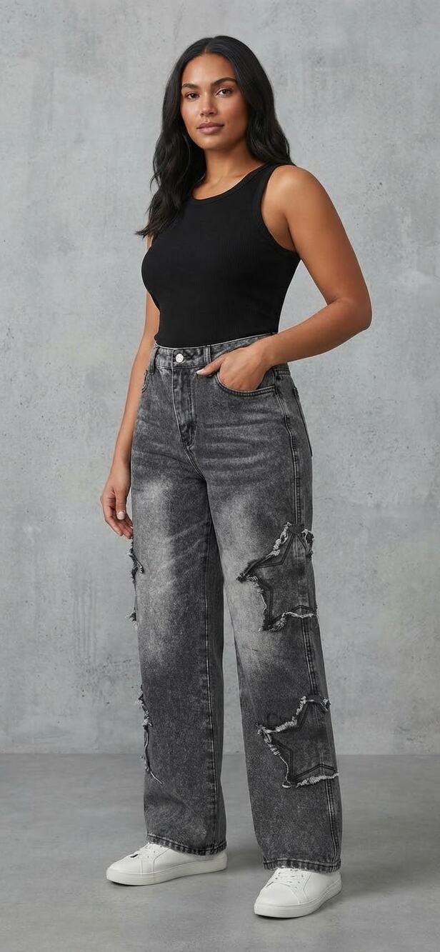 NWT Black Acid Wash Distressed Star Patch Wide Leg Cargo Jeans Size M